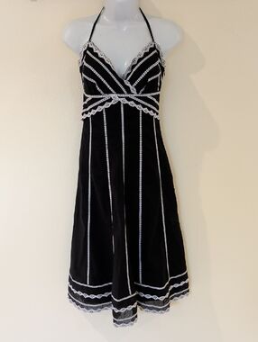 White House Black Market Black Halter Midi Dress with White Lace Details Size 4